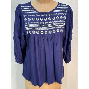 L Love Embroidered‎ Medium Peasant Blouse Top 3/4 Sleeve Blue Navy Bohemian NWT
